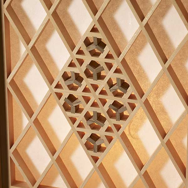 Kumiko Woodcraft Lantern, Small, with patterns on all four sides (Sakura Kikko, Kikyo Kikko, and Asanoha Kikko Hexagon Patterns), W20×H37×Ｄ20cｍ